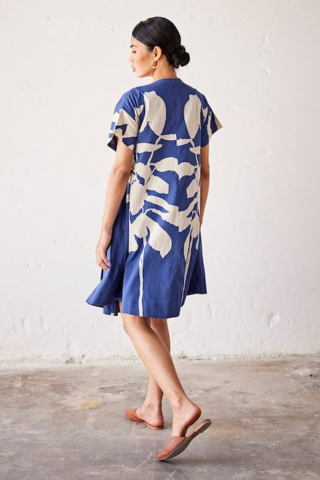 Shop_Kharakapas_Blue Cotton Bandeau Neck Enid Blyton Lino Print Dress _at_Aza_Fashions