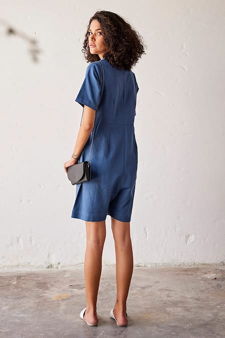 Shop_Kharakapas_Blue Cotton Collared Bubble Gum Half Sleeve Jumpsuit _at_Aza_Fashions