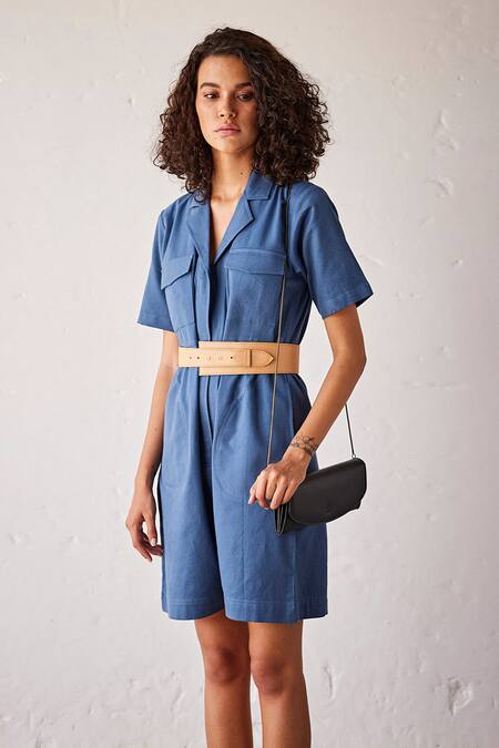 Buy_Kharakapas_Blue Cotton Collared Bubble Gum Half Sleeve Jumpsuit _Online_at_Aza_Fashions