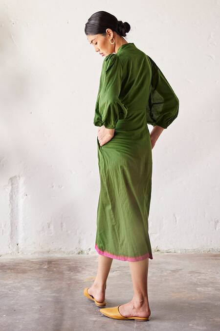 Shop_Kharakapas_Green Cotton V-neck Tree House V Dress _at_Aza_Fashions
