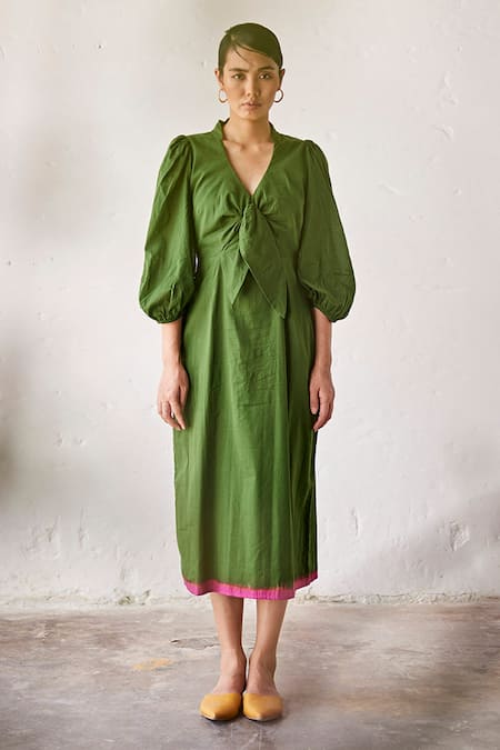 Kharakapas_Green Cotton V-neck Tree House V Dress _Online_at_Aza_Fashions