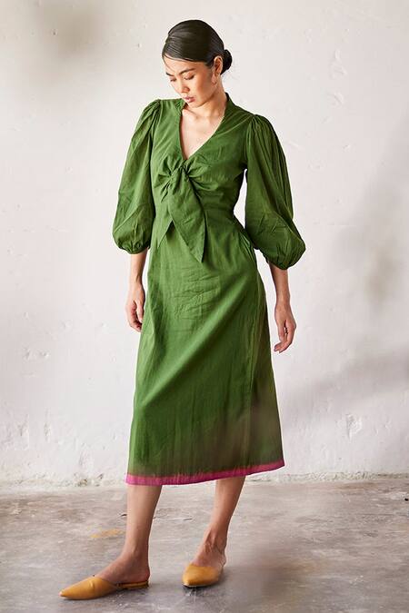 Buy_Kharakapas_Green Cotton V-neck Tree House V Dress _Online_at_Aza_Fashions
