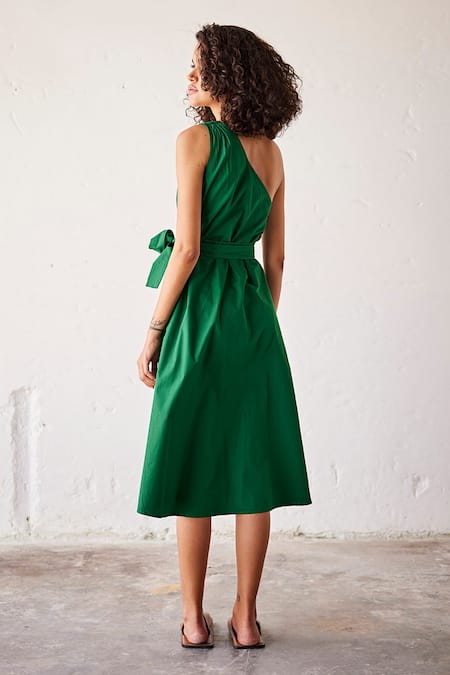 Shop_Kharakapas_Green Cotton Asymmetric Peas In A Pod One Shoulder Dress _at_Aza_Fashions