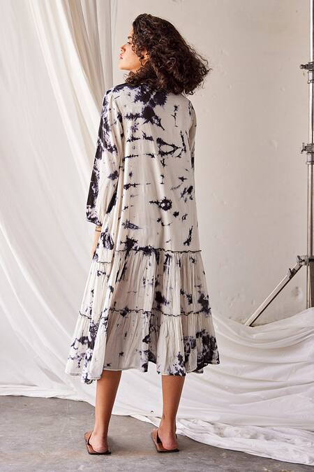 Shop_Kharakapas_White Cotton Round Neck Summer Solstice Tie Dye Dress _at_Aza_Fashions