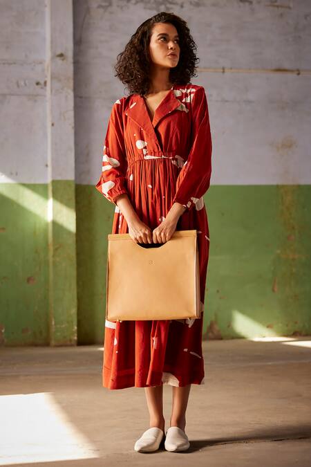 Shop_Kharakapas_Red Cotton Collared Golden Hour Lino Print Dress _Online_at_Aza_Fashions