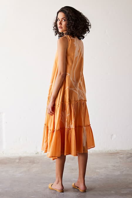 Shop_Kharakapas_Yellow Cotton V-neck Sun-sational Printed Tiered Dress _at_Aza_Fashions