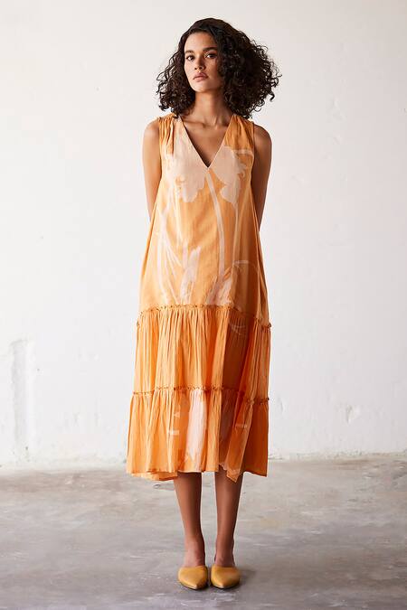 Buy_Kharakapas_Yellow Cotton V-neck Sun-sational Printed Tiered Dress _Online_at_Aza_Fashions