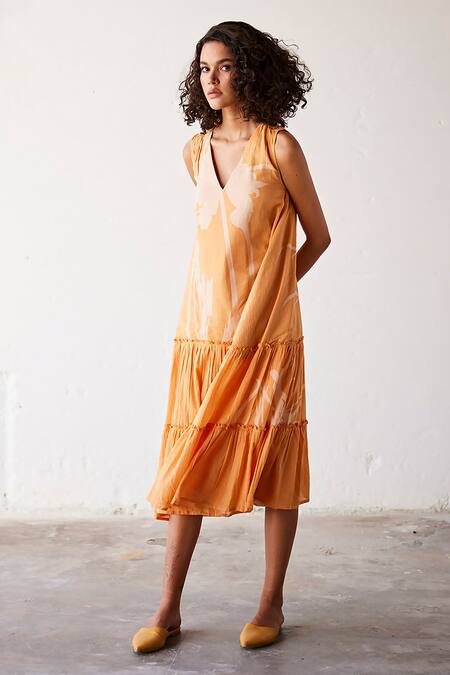 Shop_Kharakapas_Yellow Cotton V-neck Sun-sational Printed Tiered Dress _Online_at_Aza_Fashions