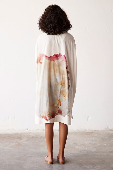 Shop_Kharakapas_Off White Cotton, Muslin Embroidery V-neck Sea Shells Art Print Dress _at_Aza_Fashions