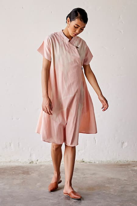Shop_Kharakapas_Pink Cotton Embroidery Bandeau Neck Sun Kissed Lino Print Dress _at_Aza_Fashions