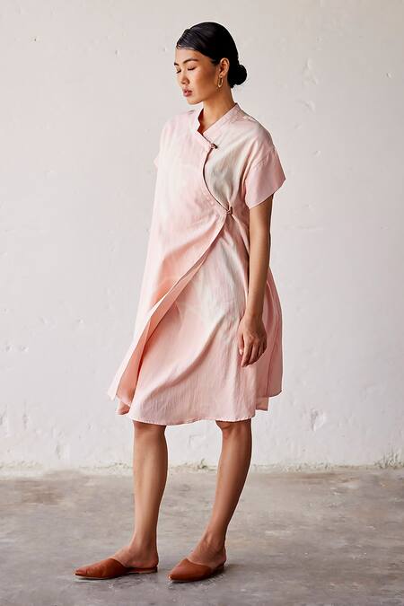 Kharakapas_Pink Cotton Embroidery Bandeau Neck Sun Kissed Lino Print Dress _Online_at_Aza_Fashions