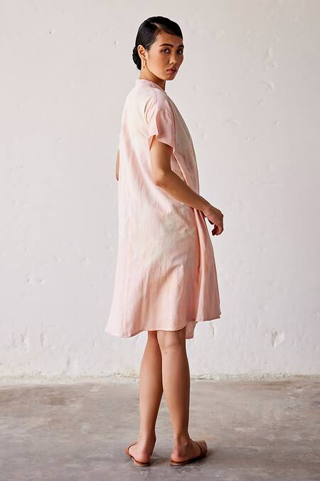Buy_Kharakapas_Pink Cotton Embroidery Bandeau Neck Sun Kissed Lino Print Dress _Online_at_Aza_Fashions