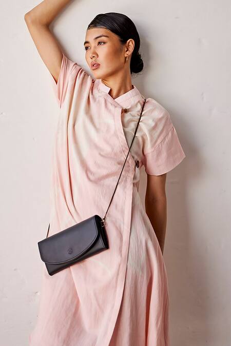 Shop_Kharakapas_Pink Cotton Embroidery Bandeau Neck Sun Kissed Lino Print Dress _Online_at_Aza_Fashions