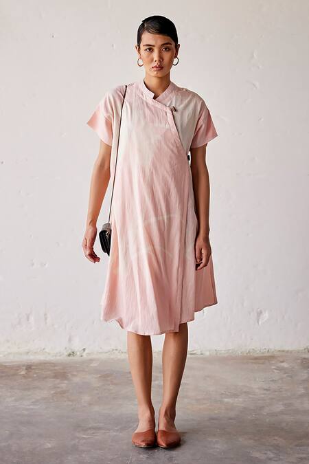 Kharakapas_Pink Cotton Embroidery Bandeau Neck Sun Kissed Lino Print Dress _at_Aza_Fashions