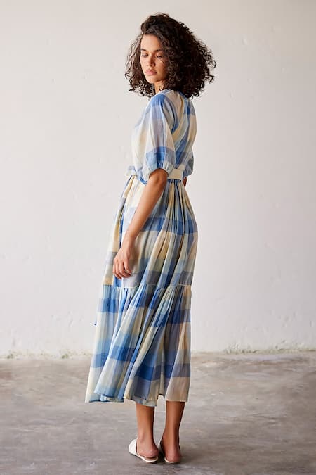 Shop_Kharakapas_Blue Cotton V-neck Summer Break Wrap Dress _at_Aza_Fashions