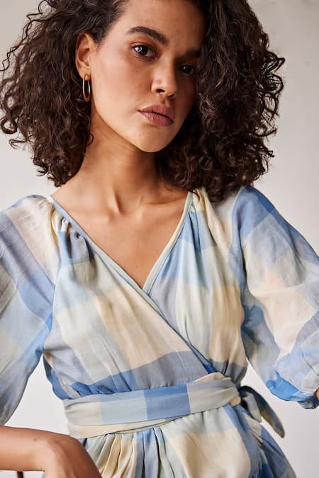 Kharakapas_Blue Cotton V-neck Summer Break Wrap Dress _Online_at_Aza_Fashions