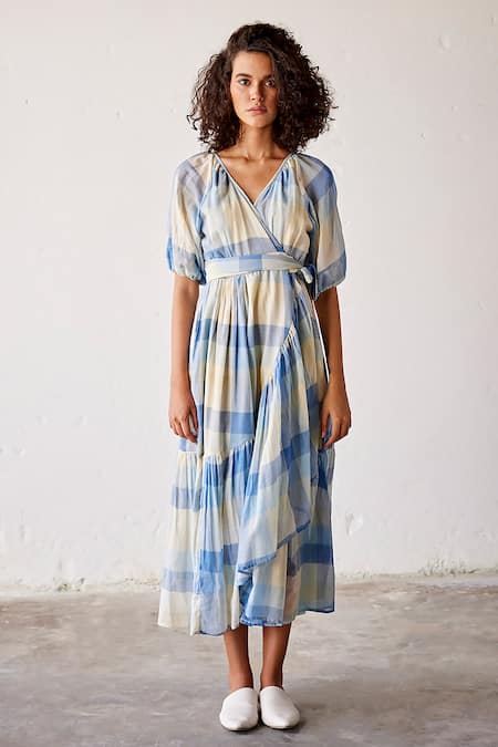 Buy_Kharakapas_Blue Cotton V-neck Summer Break Wrap Dress _Online_at_Aza_Fashions