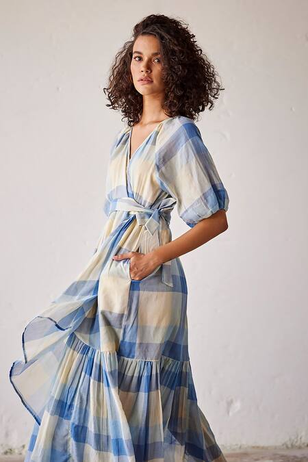 Shop_Kharakapas_Blue Cotton V-neck Summer Break Wrap Dress _Online_at_Aza_Fashions