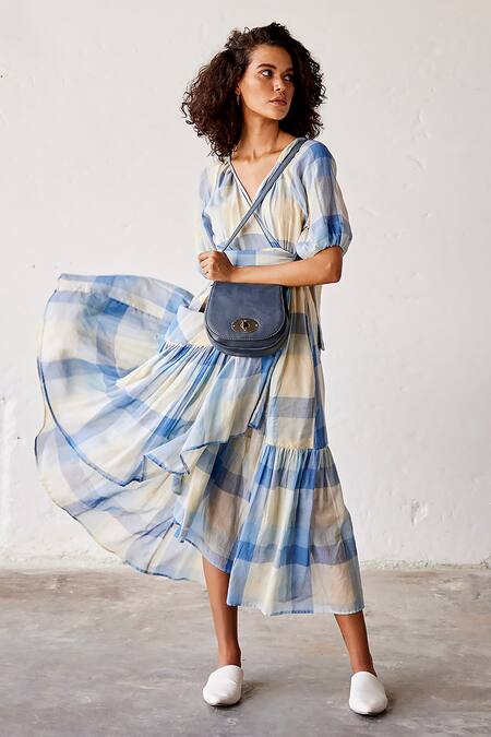 Kharakapas_Blue Cotton V-neck Summer Break Wrap Dress _at_Aza_Fashions