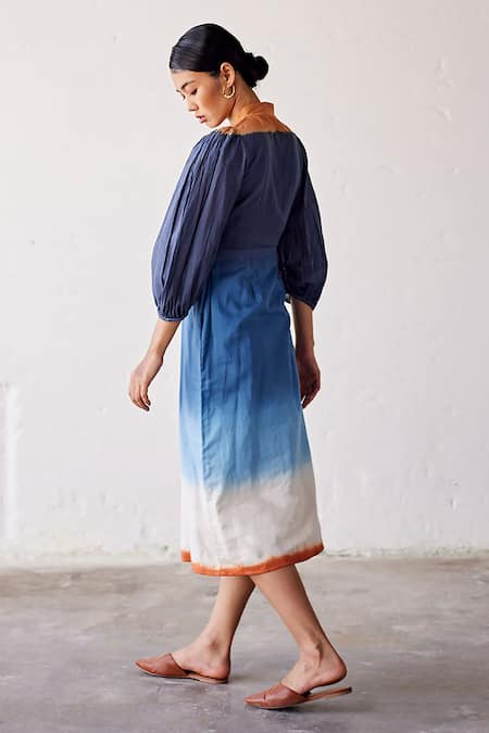 Shop_Kharakapas_Blue Cotton V-neck Hop Scotch Dip-dyed Tiered Dress _at_Aza_Fashions