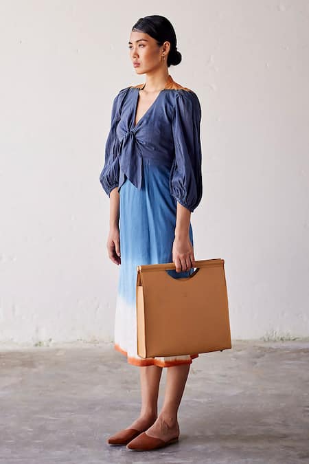 Kharakapas_Blue Cotton V-neck Hop Scotch Dip-dyed Tiered Dress _Online_at_Aza_Fashions