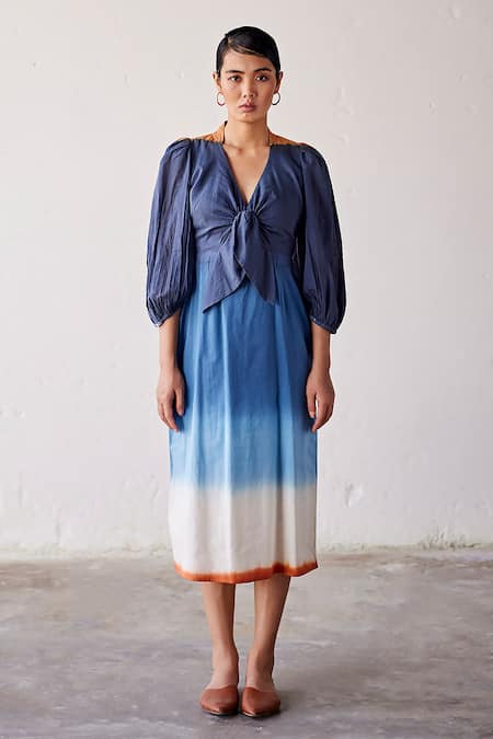 Buy_Kharakapas_Blue Cotton V-neck Hop Scotch Dip-dyed Tiered Dress _Online_at_Aza_Fashions