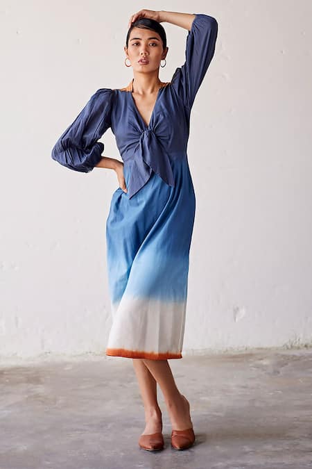 Shop_Kharakapas_Blue Cotton V-neck Hop Scotch Dip-dyed Tiered Dress _Online_at_Aza_Fashions