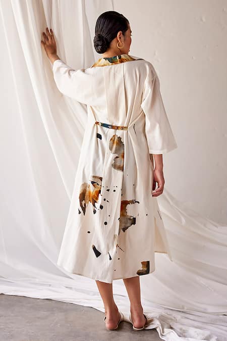 Shop_Kharakapas_Off White Cotton Collared Summer Splash Art Print Dress _at_Aza_Fashions