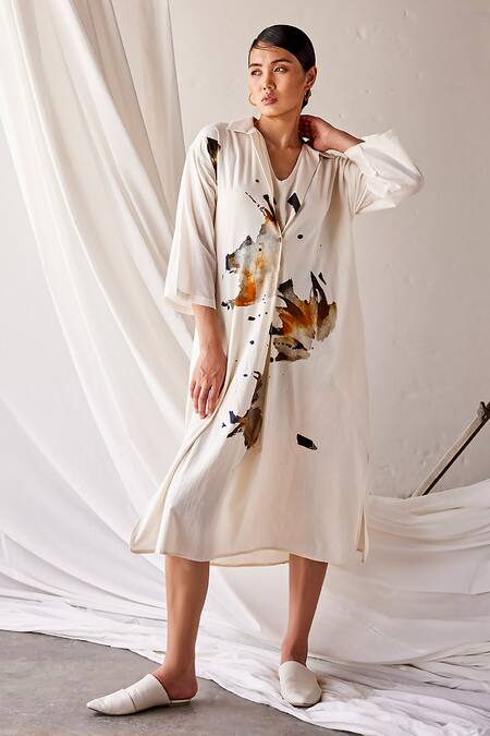Shop_Kharakapas_Off White Cotton Collared Summer Splash Art Print Dress _Online_at_Aza_Fashions