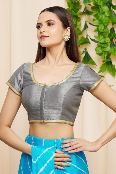 Khwaab By Sanjana Lakhani_Grey Silk Round Neck U Blouse _Online_at_Aza_Fashions
