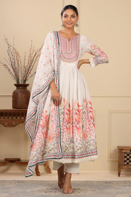 BAIRAAS Ivory Mul Cotton Printed Block Notched Floral Anarkali Pant Set 