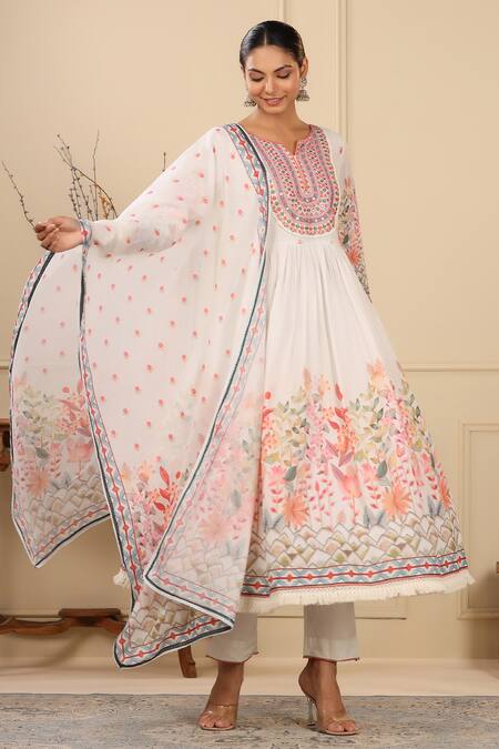 Bairaas_Ivory Mul Cotton Printed Block Notched Floral Anarkali Pant Set_Online_at_Aza_Fashions