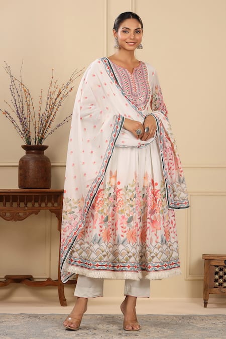 Buy_Bairaas_Ivory Mul Cotton Printed Block Notched Floral Anarkali Pant Set_Online_at_Aza_Fashions