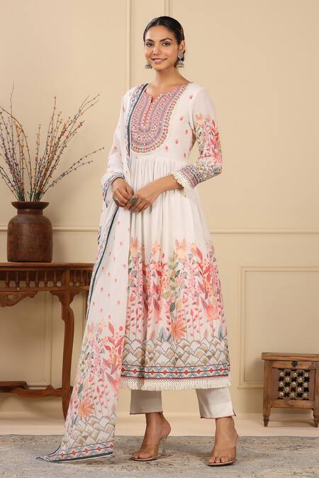 Shop_Bairaas_Ivory Mul Cotton Printed Block Notched Floral Anarkali Pant Set_Online_at_Aza_Fashions