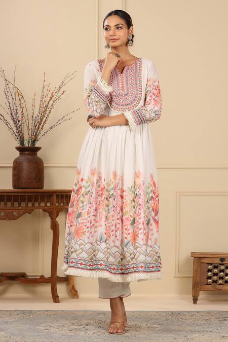 Bairaas_Ivory Mul Cotton Printed Block Notched Floral Anarkali Pant Set_at_Aza_Fashions