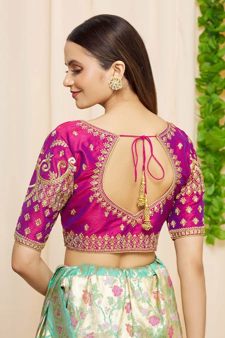 Samyukta Singhania Pink Silk Embroidery Round Neck Blouse Online at Aza Fashions Samyukta Singhania_Pink Silk Embroidery Round Neck Blouse_Online_at_Aza_Fashions