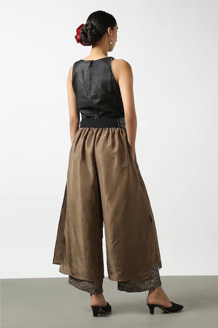 Shop Latha Puttanna Brown Soft Silk Embroidered Sequin Work Layered Pant at Aza Fashions Shop_Latha Puttanna_Brown Soft Silk Embroidered Sequin Work Layered Pant _at_Aza_Fashions
