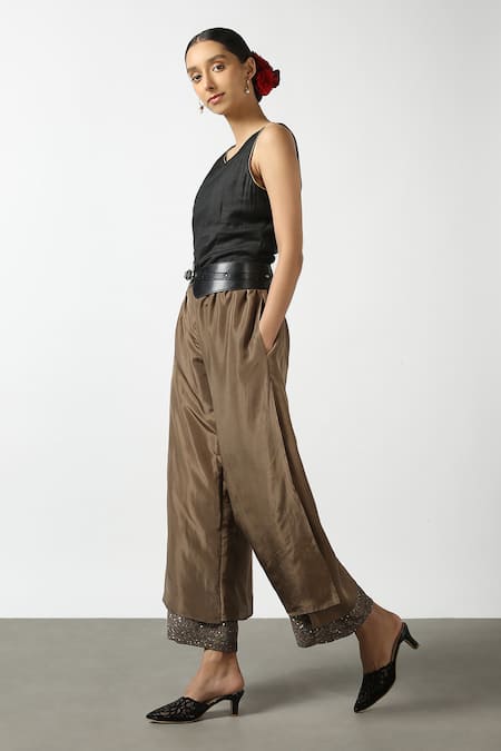 Buy Latha Puttanna Brown Soft Silk Embroidered Sequin Work Layered Pant Online at Aza Fashions Buy_Latha Puttanna_Brown Soft Silk Embroidered Sequin Work Layered Pant _Online_at_Aza_Fashions
