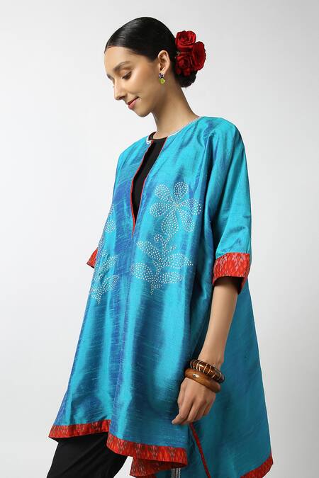 LATHA PUTTANNA_Blue Raw Silk Hand Embroidered And Printed Resham Work & Ikat Phiran Tunic _Online_at_Aza_Fashions