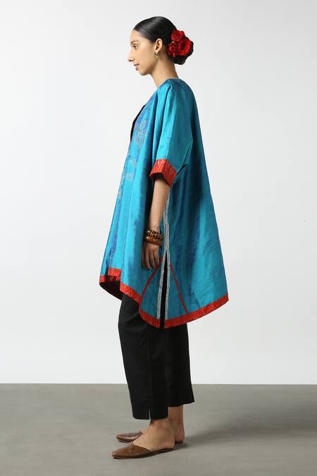 Buy_LATHA PUTTANNA_Blue Raw Silk Hand Embroidered And Printed Resham Work & Ikat Phiran Tunic _Online_at_Aza_Fashions