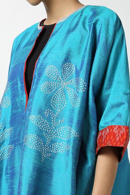 Shop_LATHA PUTTANNA_Blue Raw Silk Hand Embroidered And Printed Resham Work & Ikat Phiran Tunic _Online_at_Aza_Fashions