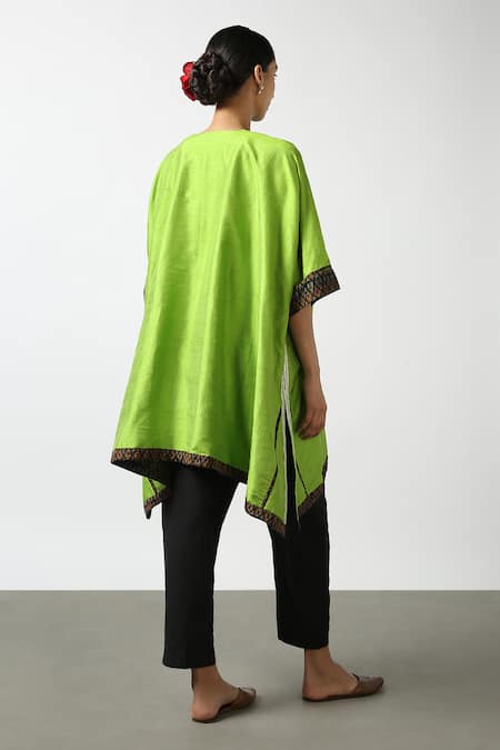 Shop Latha Puttanna Green Raw Silk Hand Embroidered And Printed Resham Work & Asymmetric Phiran Tunic at Aza Fashions Shop_Latha Puttanna_Green Raw Silk Hand Embroidered And Printed Resham Work & Asymmetric Phiran Tunic _at_Aza_Fashions