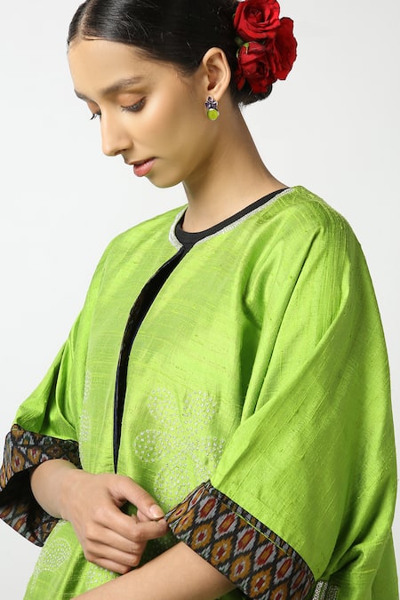 Latha Puttanna Green Raw Silk Hand Embroidered And Printed Resham Work & Asymmetric Phiran Tunic Online at Aza Fashions Latha Puttanna_Green Raw Silk Hand Embroidered And Printed Resham Work & Asymmetric Phiran Tunic _Online_at_Aza_Fashions