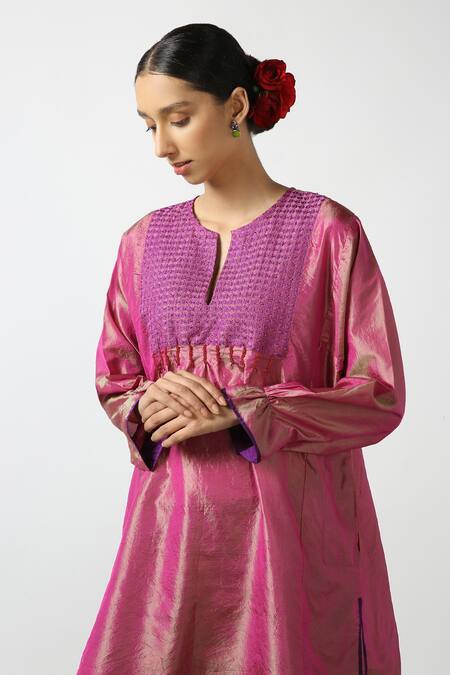 LATHA PUTTANNA_Pink Two Tone Silk Hand Embroidered Thread And Bead Work Notched Yoke Phiran Tunic _Online_at_Aza_Fashions