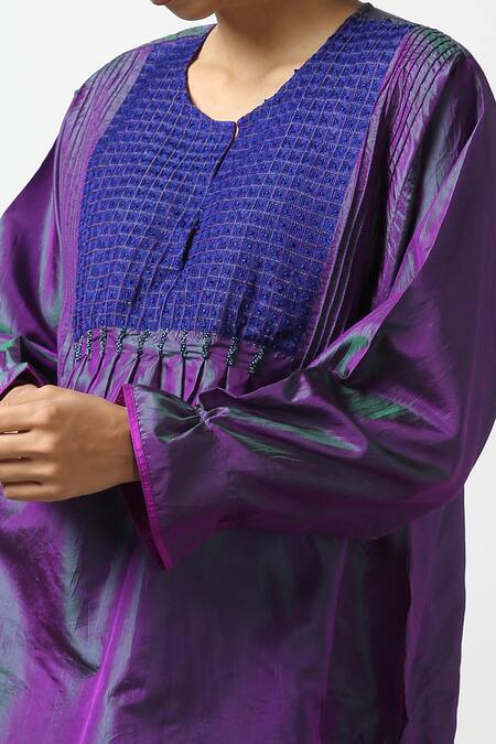 Shop_LATHA PUTTANNA_Purple Two Tone Silk Hand Embroidered Thread And Bead Work Yoke Phiran Tunic _Online_at_Aza_Fashions