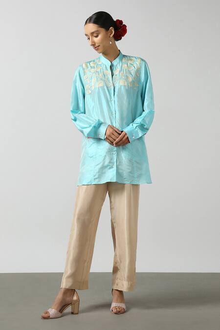 Latha Puttanna Blue Silk Embroidery Mandarin Collar Dual Toned Shirt