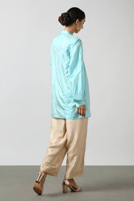 Shop Latha Puttanna Blue Silk Embroidery Mandarin Collar Dual Toned Shirt at Aza Fashions Shop_Latha Puttanna_Blue Silk Embroidery Mandarin Collar Dual Toned Shirt _at_Aza_Fashions