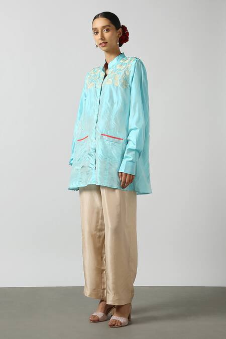 Buy Latha Puttanna Blue Silk Embroidery Mandarin Collar Dual Toned Shirt Online at Aza Fashions Buy_Latha Puttanna_Blue Silk Embroidery Mandarin Collar Dual Toned Shirt _Online_at_Aza_Fashions