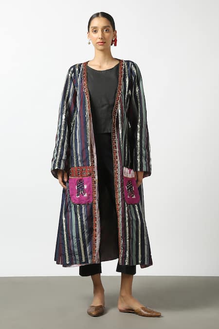 Latha Puttanna Black Silk Beads, Sequins, Mirrors Open Neck Handwoven Reversible Jacket