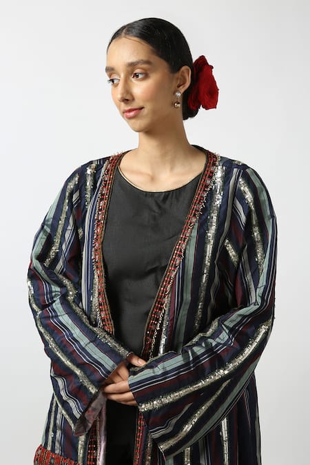 Latha Puttanna Black Silk Beads, Sequins, Mirrors Open Neck Handwoven Reversible Jacket Online at Aza Fashions Latha Puttanna_Black Silk Beads, Sequins, Mirrors Open Neck Handwoven Reversible Jacket _Online_at_Aza_Fashions